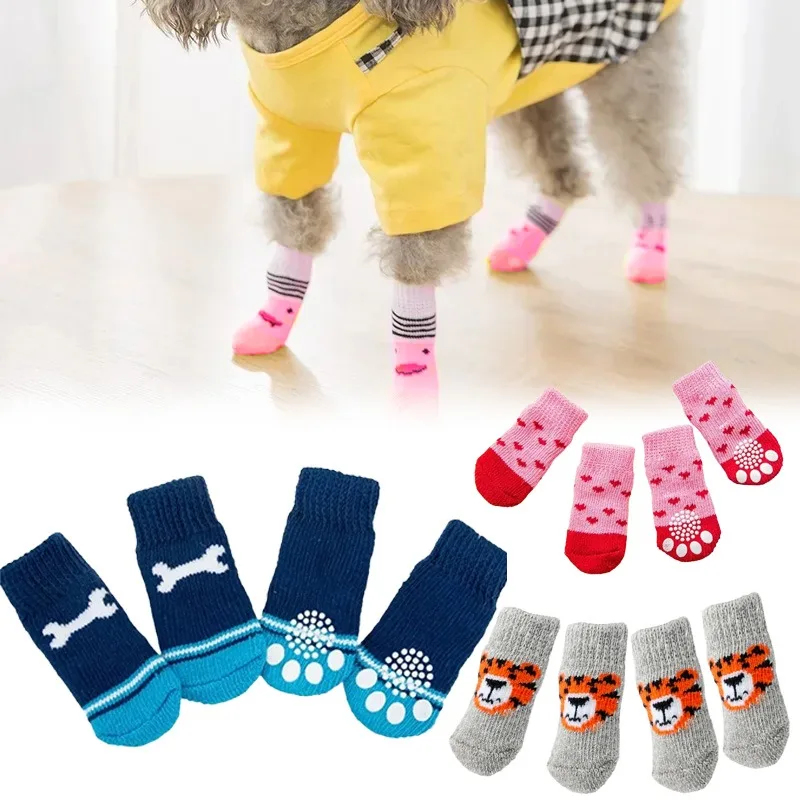 Dog Booties Paw Protector - 4個入り 冬用ペット犬用ソックス 滑り止め付き 暖かいニットタイガーデザイン 肉球保護ブーツ 猫犬用