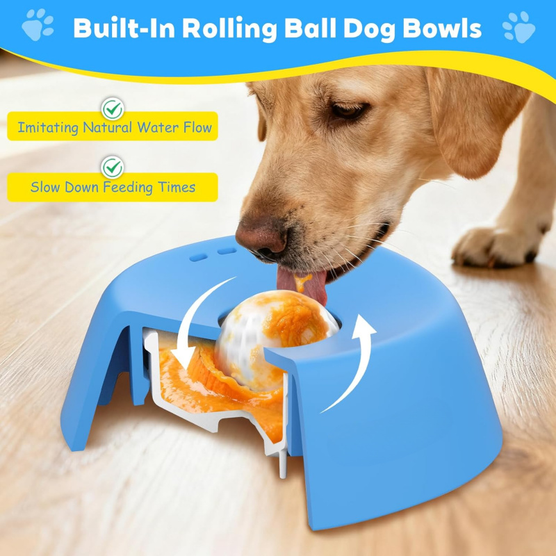 Slow Feeder Dog Bowl - 液体おやつ用スローフィーダー犬用ボウル、滑り止め（ボール入り）骨汁犬用リックボウル、3/4カップヨーグルト子犬用リックトイ