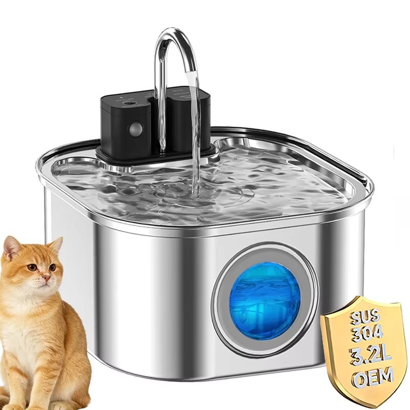 Pet Water Fountain - 3.2L ワイヤレス猫用ウォーターファウンテン ステンレス製 バッテリー式 4000mah 充電式＆蛇口付きペットウォーターファウンテン