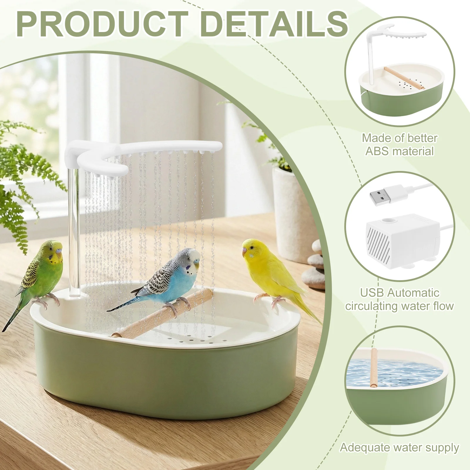 自動オウム鳥用浴槽 USB電動ペット循環水流バードバスシャワ - Pet Water Fountain のレビューと価格